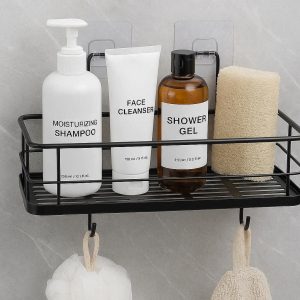 Wall Mounted Bathroom Shower Caddy Shelf with Adhesive Hooks No Drill Rust Proof Storage Rack for Shampoo and Toiletry Organizer