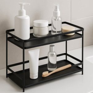 Two Tier Bathroom Countertop Organizer Shelf Modern Minimalist Toiletry Rack for Vanity and Sink Storage and Organization Needs