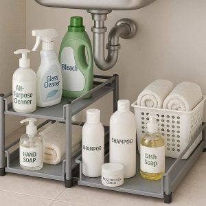 Under Sink Organizer for Bathroom and Kitchen Storage Two Tier Sliding Drawer Shelf for Cleaning Supplies and Toiletry Management